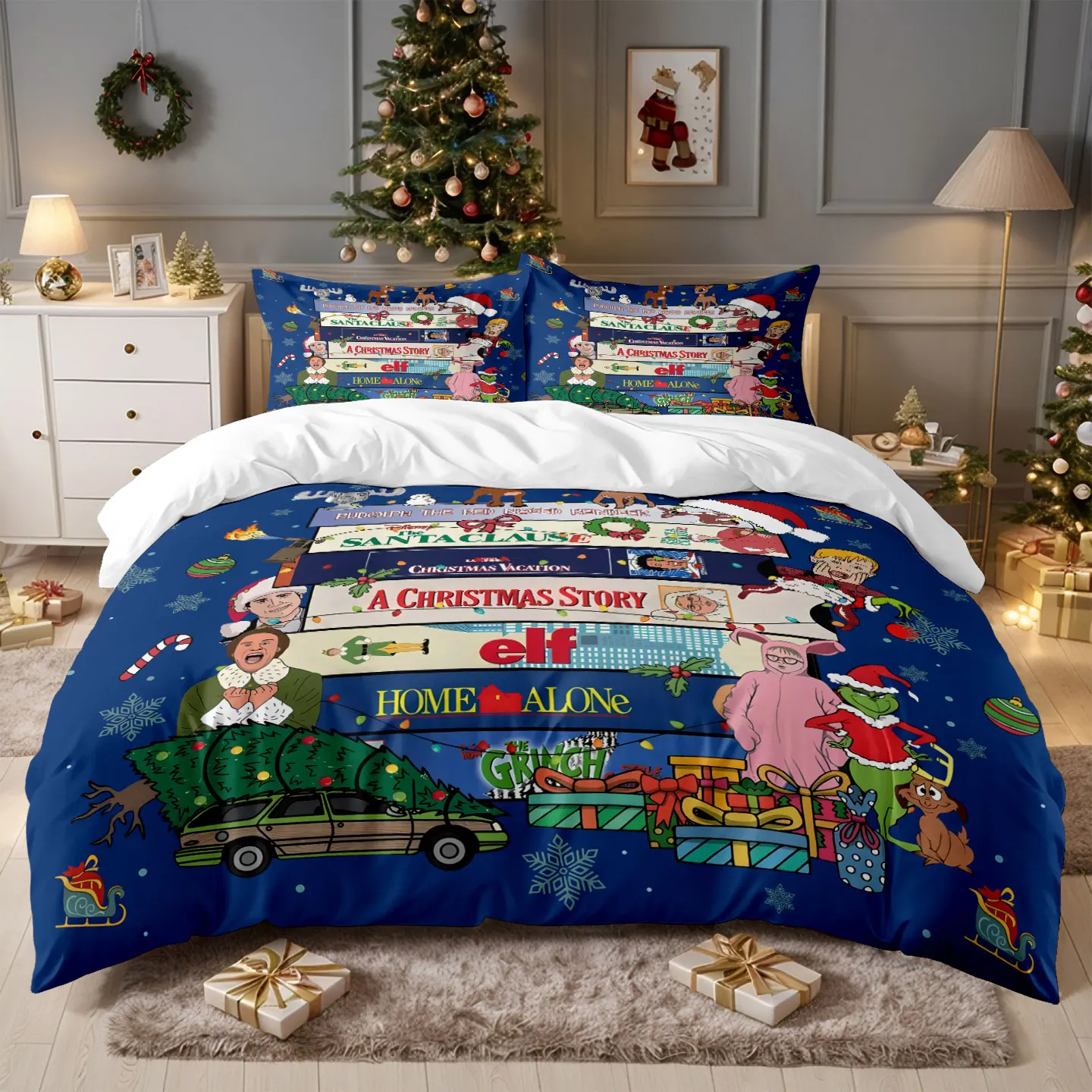 3pc Merry Christmas Digital Cartoon World Printed Chipless Quilt Set Multi Size Bedrooms Dormitory Soft Machine Washable