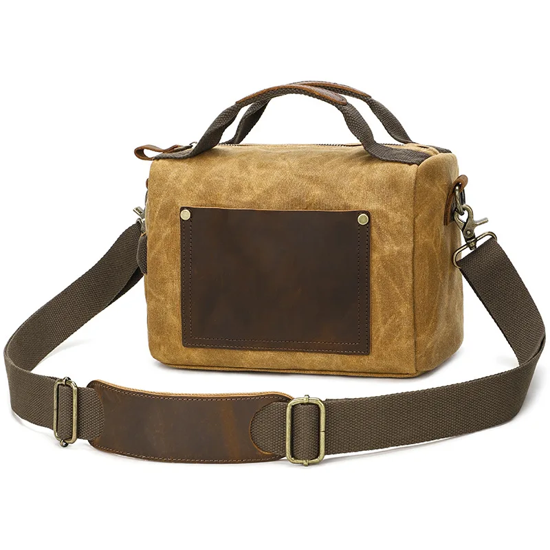 Dyed canvas and leather patchwork crossbody bag for men's hand-held retro square three-dimensional single-shoulder bag