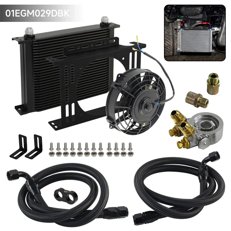 Aluminum AN10 28 Row Oil Cooler Kit w/ Bracket Kit Thermostatic 80 Deg+7'' Electric Fan Black/Silver Universal