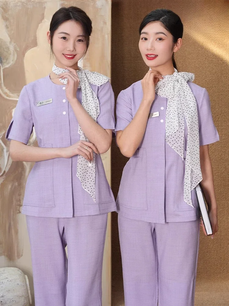 New Beautician Work Clothes for Women's Spring and Summer Professional Technician Clothing Health SPA Uniform Logo Customize