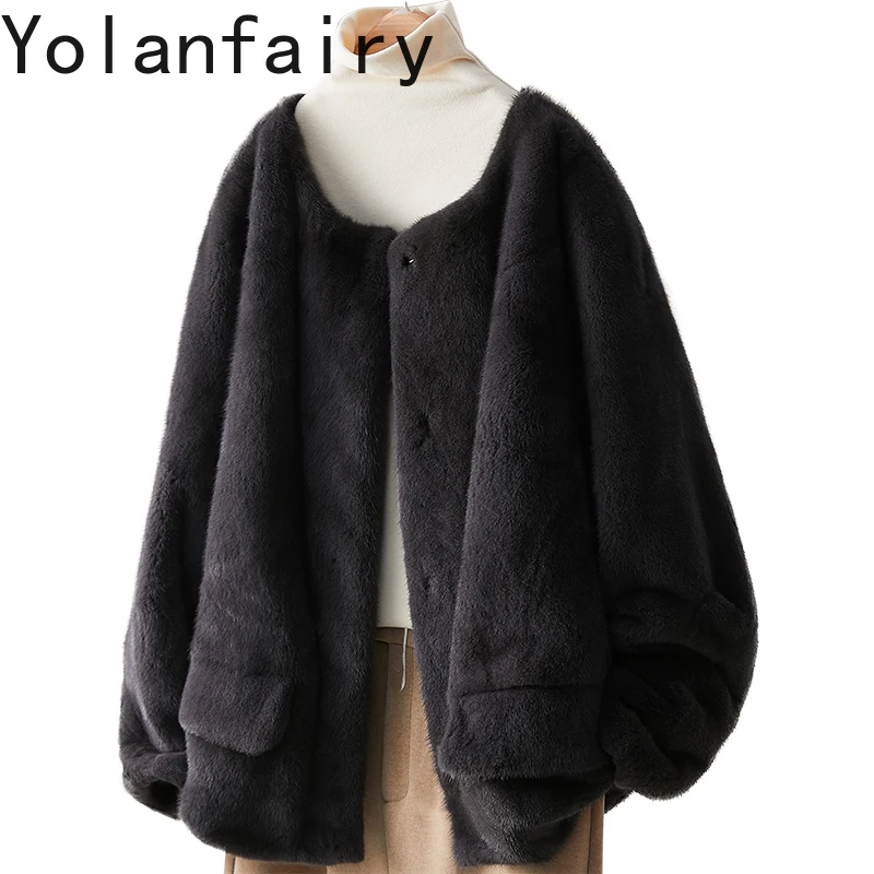 

YOLANFAIRY 2025 Autumn Winter Natural Mink Fur Coat Woman Fashion O-neck Short Real Fur Jacket Long Sleeve Whole Mink Coats