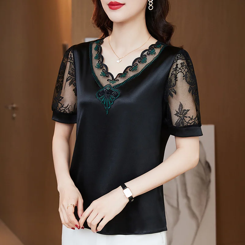 #9242 Black White Satin T Shirt Women Short Sleeve V-neck Split Joint Lace Office Women's T-shirt Elegant Korean Style Summer