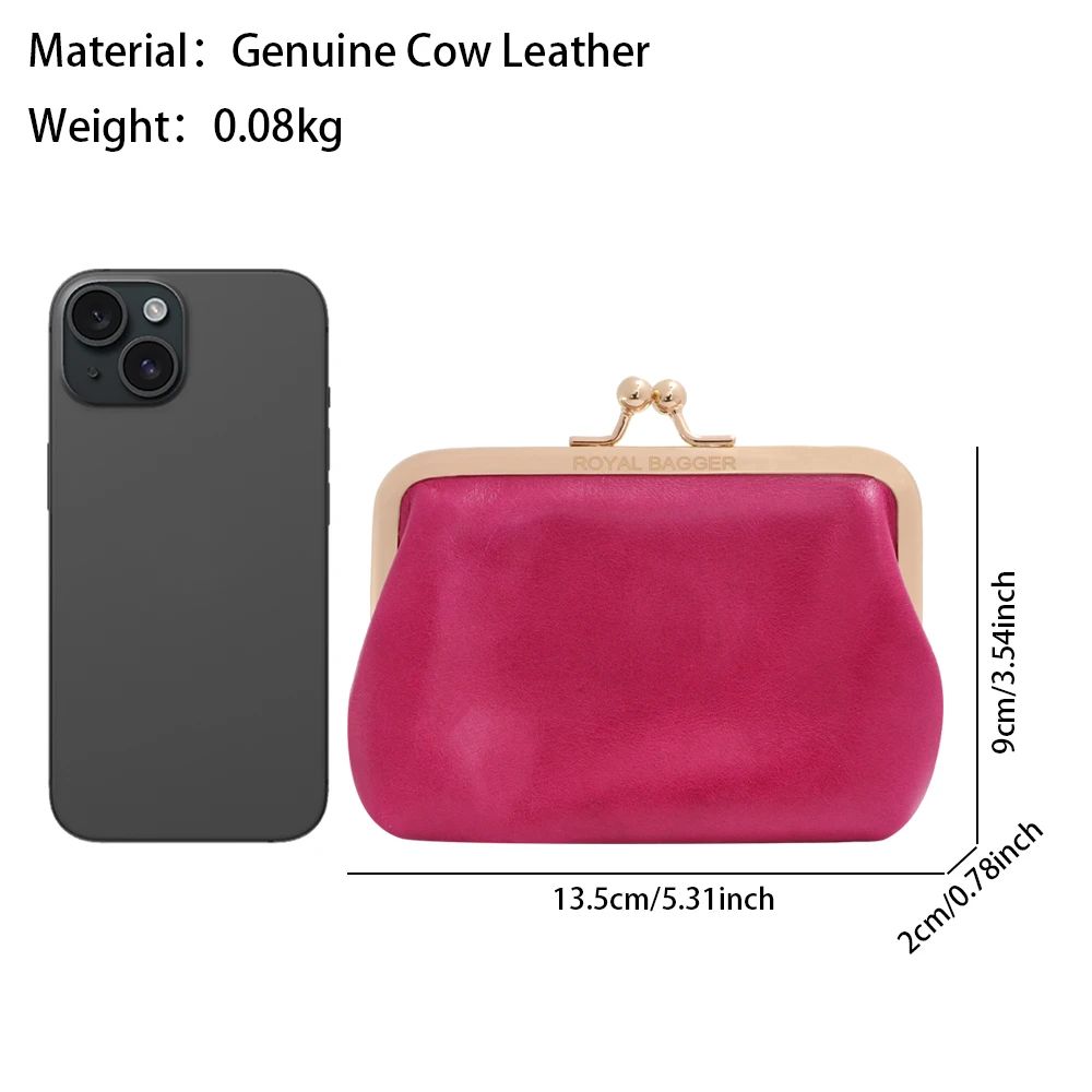 Royal Bagger Vintage Coin Purse for Women Genuine Cow Leather Clip Card Holder Simple Key Holders with Kiss Lock 1496