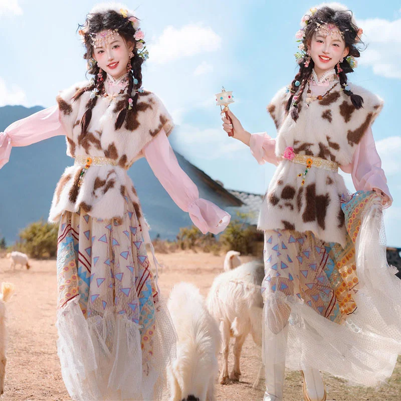 

Элитный розовый длинный тибетский костюм для женщин, для фотосессий и портретов, этнический сценический костюм, традиционный ханьфу, на заказ