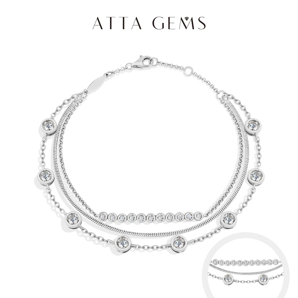 

ATTAGEMS Three Layer Stacking Moissanite Bracelets 925 Sterling Silver Adjustable Women's Bracelet 16+3cm Charming Party Jewelry