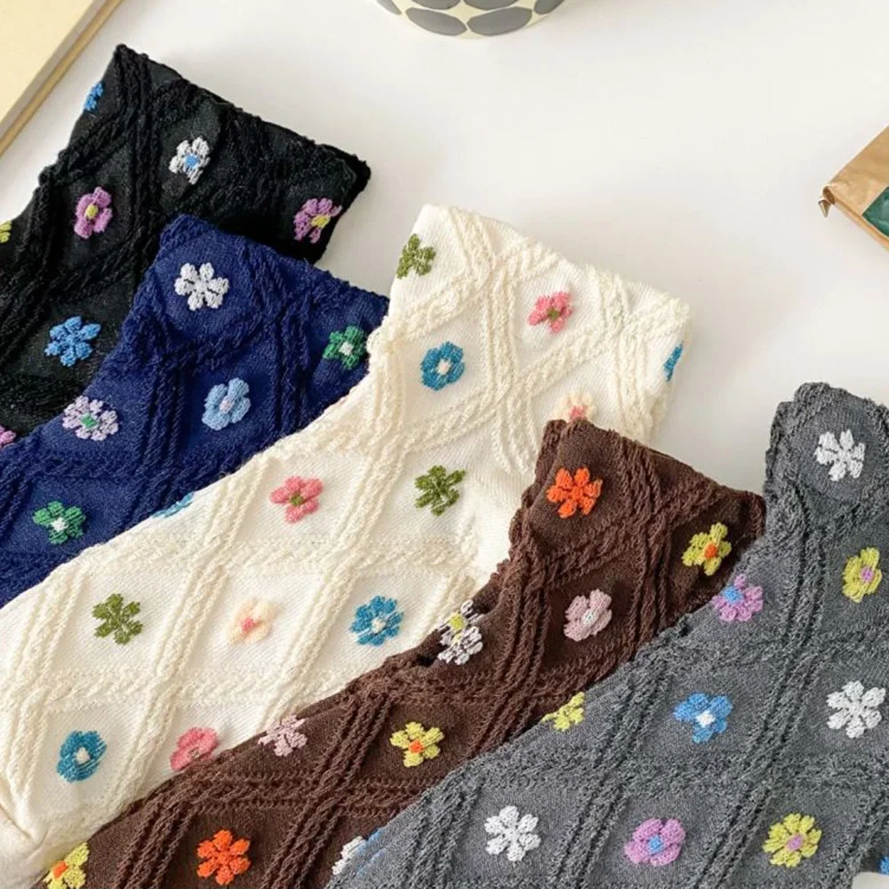 5 Pair Kawaii Small Flower Print Socks For Women Shallow Spring Summer Short Mouth Designer Brand Socks Woman Breathable Socken