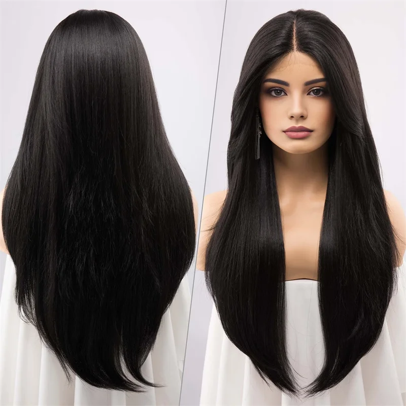 Soft Glueless 26Inch 180Density Natural Black Straight Lace Front Wig For Women With Baby Hair Synthetic Preplucked Smooth Daily