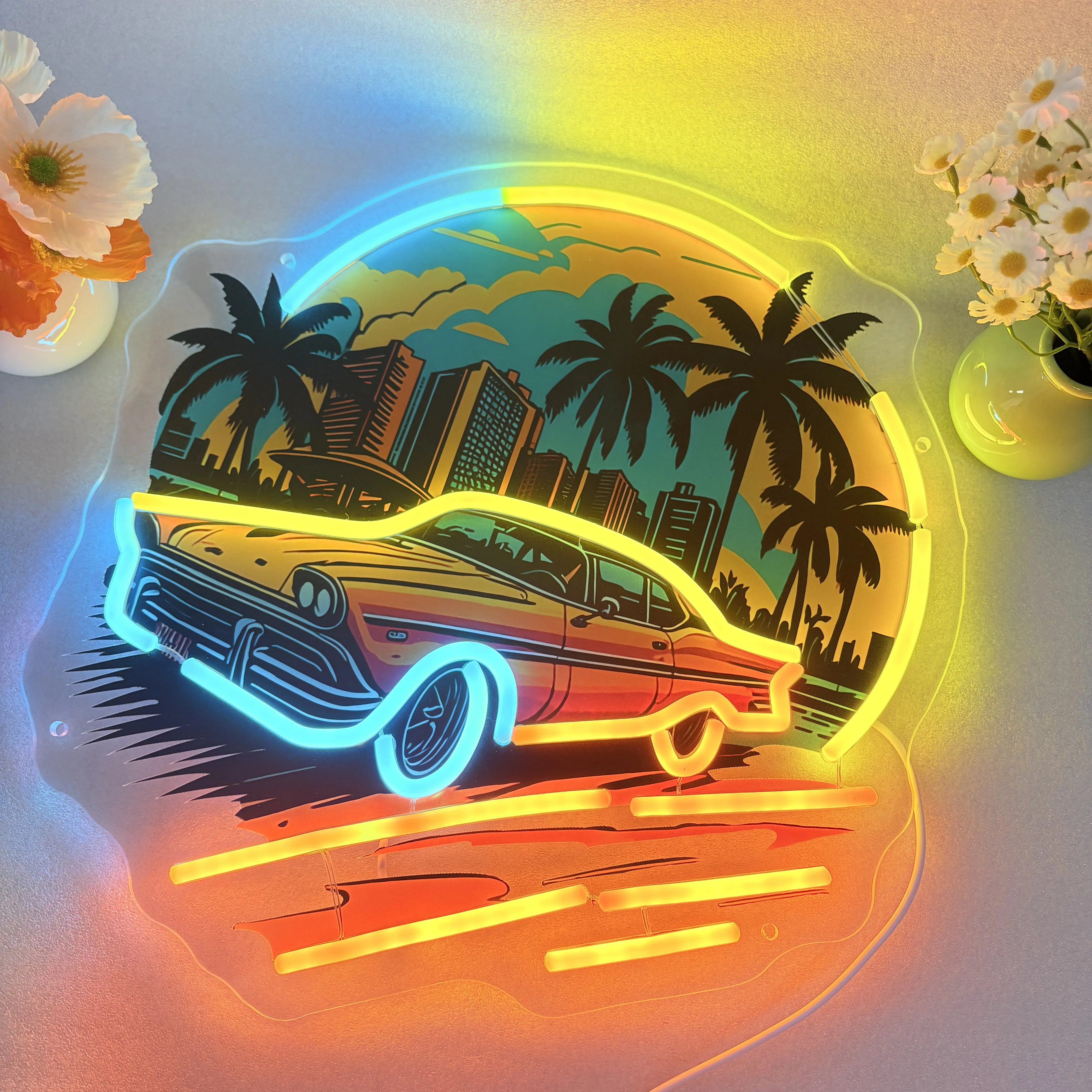 Car Sunset Neon Sign Wall Art Decor UV Print LED Lights Boys Bedroom Landscape Night Lamp Game Room Bar Beer Man Cave Sign