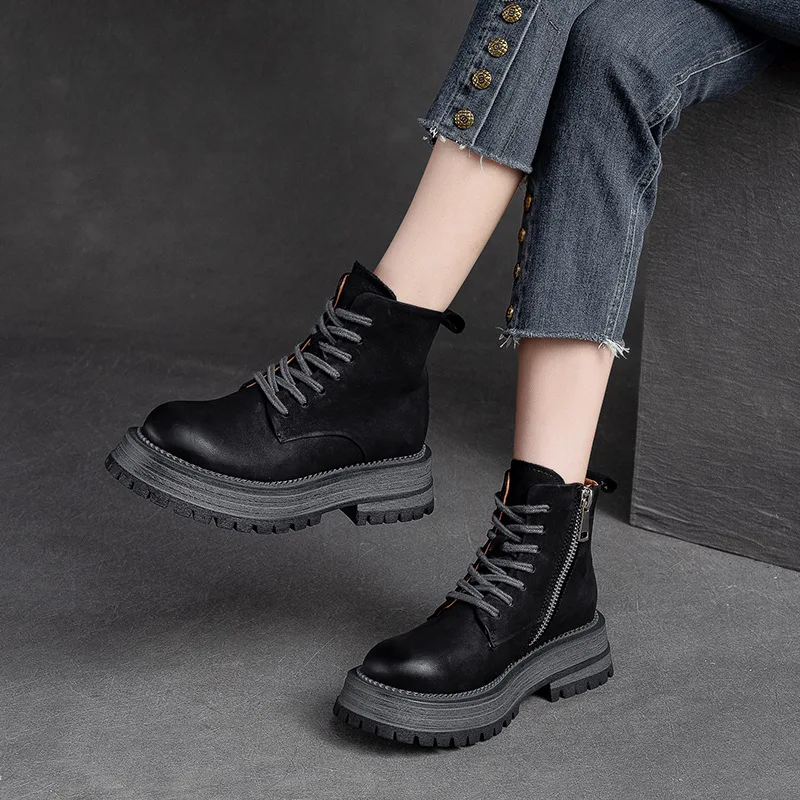 

GKTINOO 2023 Autumn Winter New Solid Color Short Boots Genuine Leather Retro Comfortable Thick Soled Versatile Women Shoes