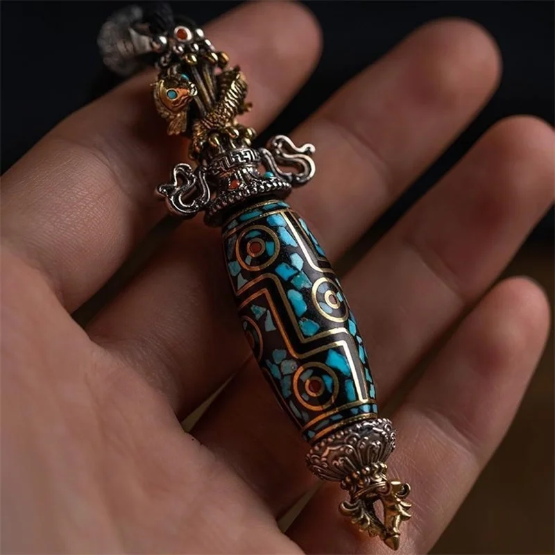 Luxury Buddha Dharma Artifacts Vajra Pestle Necklace For Men Jewelry Retro Relief Brocaded Carp Bead Pendant Male Accessories