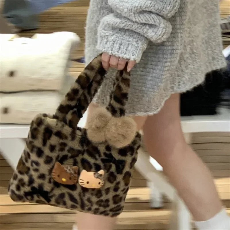 MBTI Y2k Leopard Womens Handbag Hello Kitty Vintage Soft Plush Shoulder Bag Fluffy Harajuku Style Fashion Cute Kawaii Female Bag