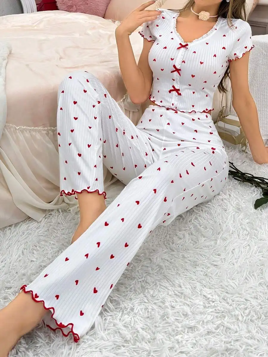 Heart Print Ribbed Frill Trim Women\'S Pajama Set Knitted V-Neck Loose Tops Autumn Elastic Long Pants Sleepwears Vintag