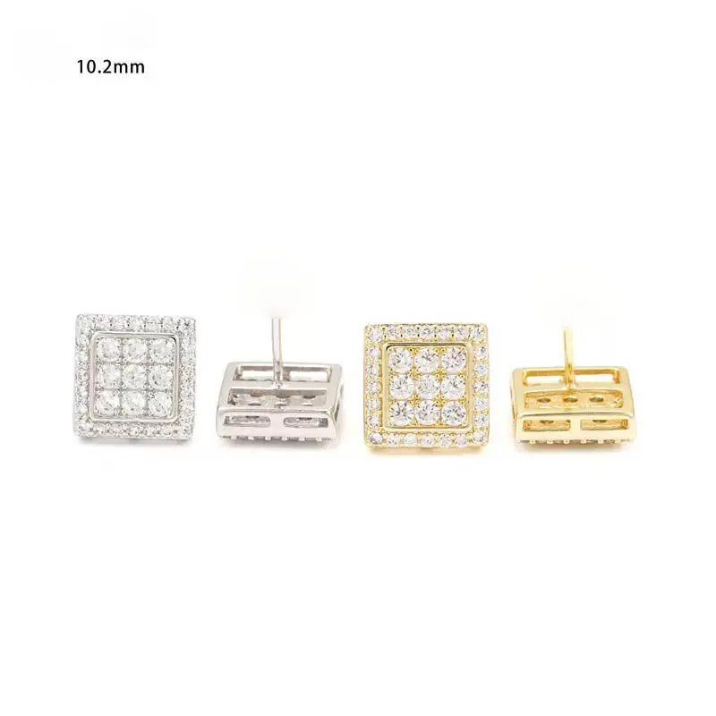 925 Silver 10.2mm D Color Moissanite Square Stud Earrings Screwback Women Men Hiphop Iced Diamond Princess Earrings Pass Tester