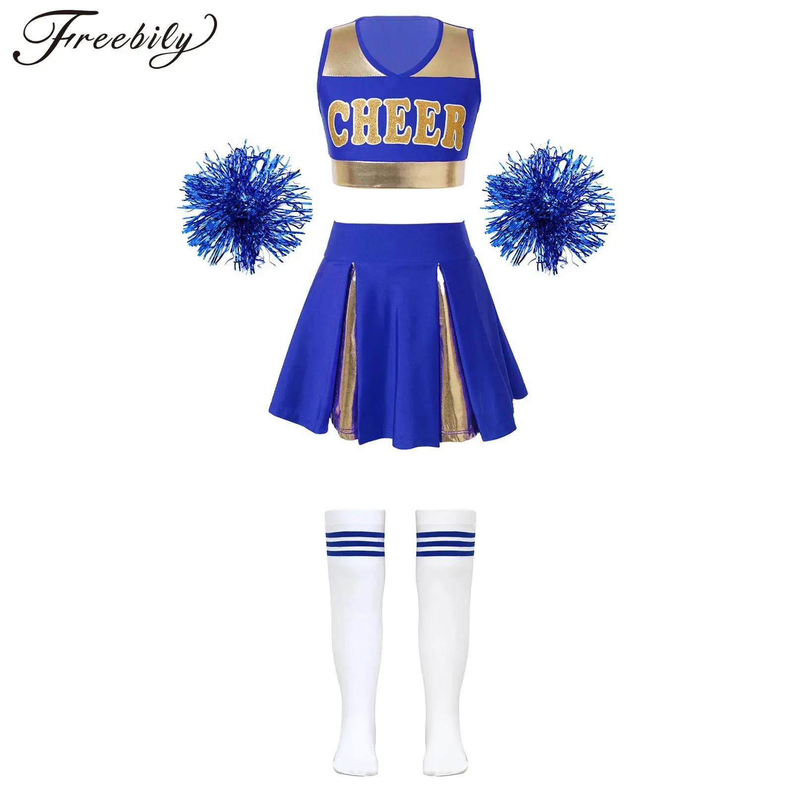 Kinder Meisjes Cheerleading Dance Performance Outfit Mouwloze Crop Top Met Rok Bloemballen Buis Sokken Voor Sport Meet Party