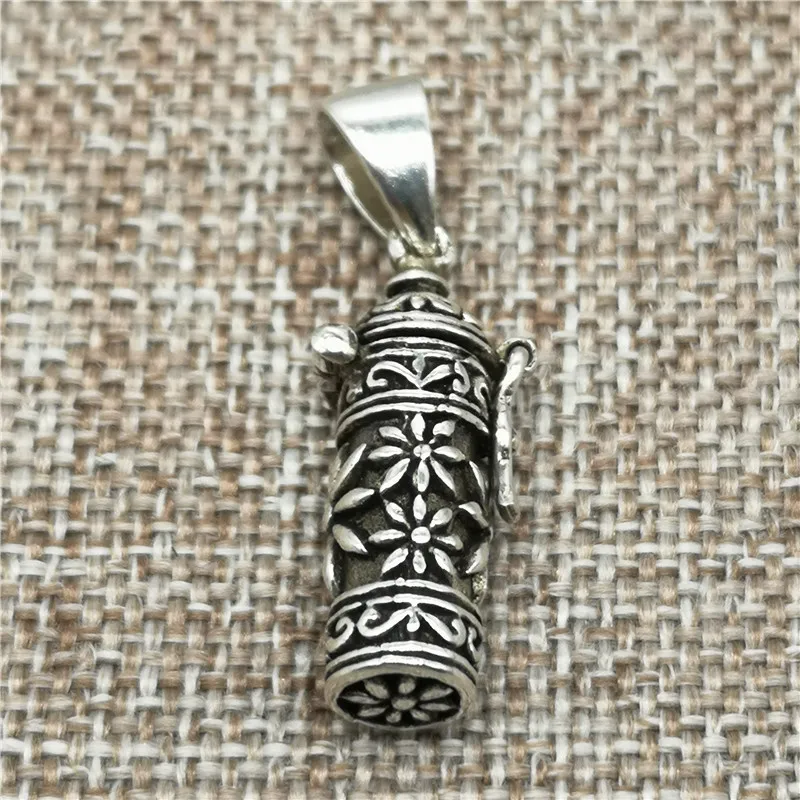 

925 Sterling Silver Flower Cylinder Locket Charm Prayer Memory Box Pendant