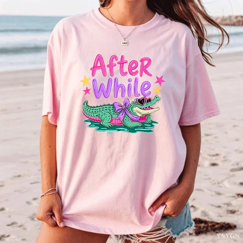 After While Crocodile Youth Women's T-Shirt 100% Cotton Funny Graphic Short Sleeve Tee Novelty Shirt Casual Crew Neck Top