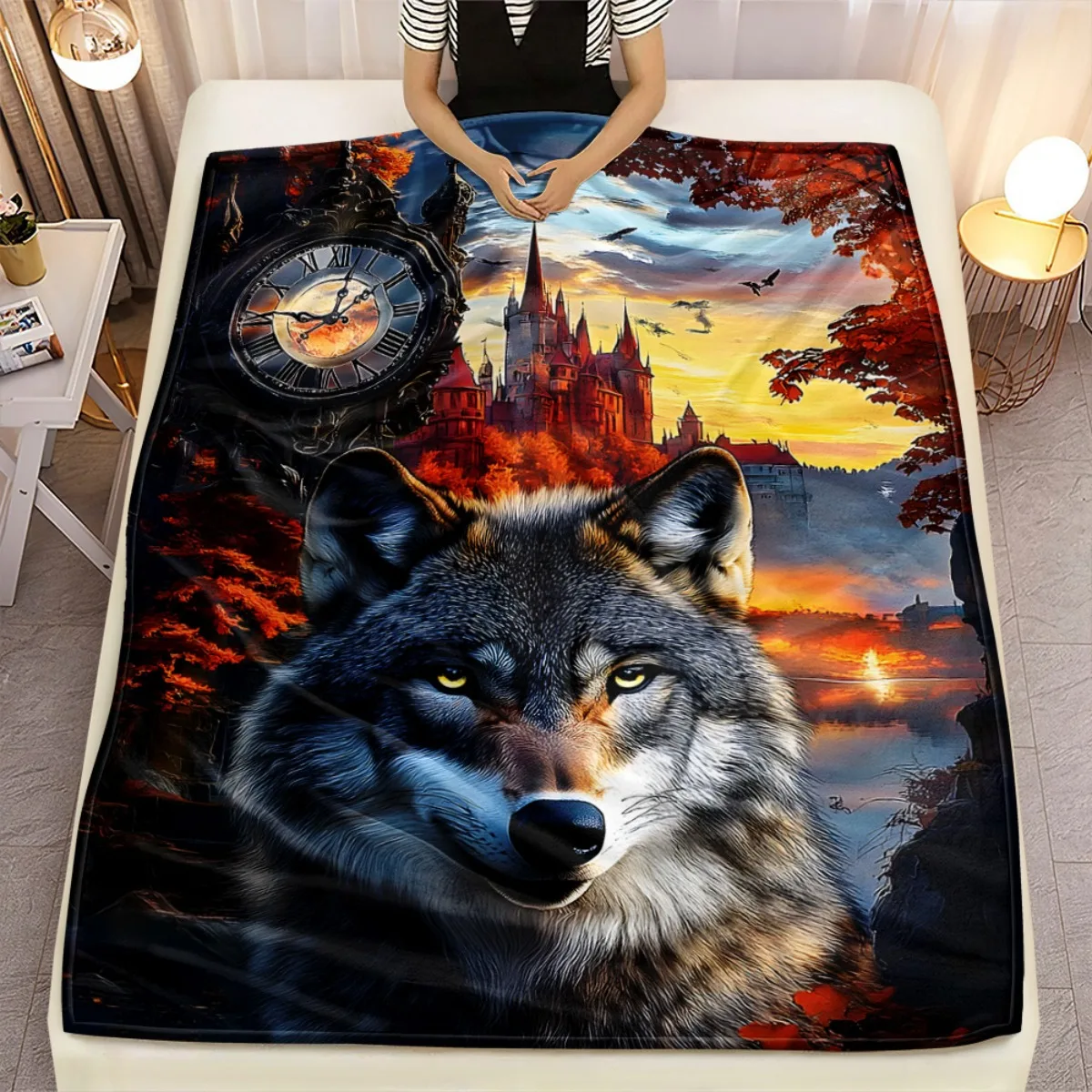 Wolf Castle Sunset Clock Fantasy Landscape Flannel Blanket Gothic Art Throw Blanket Halloween Decor Cozy Bed Cover MythicalTheme