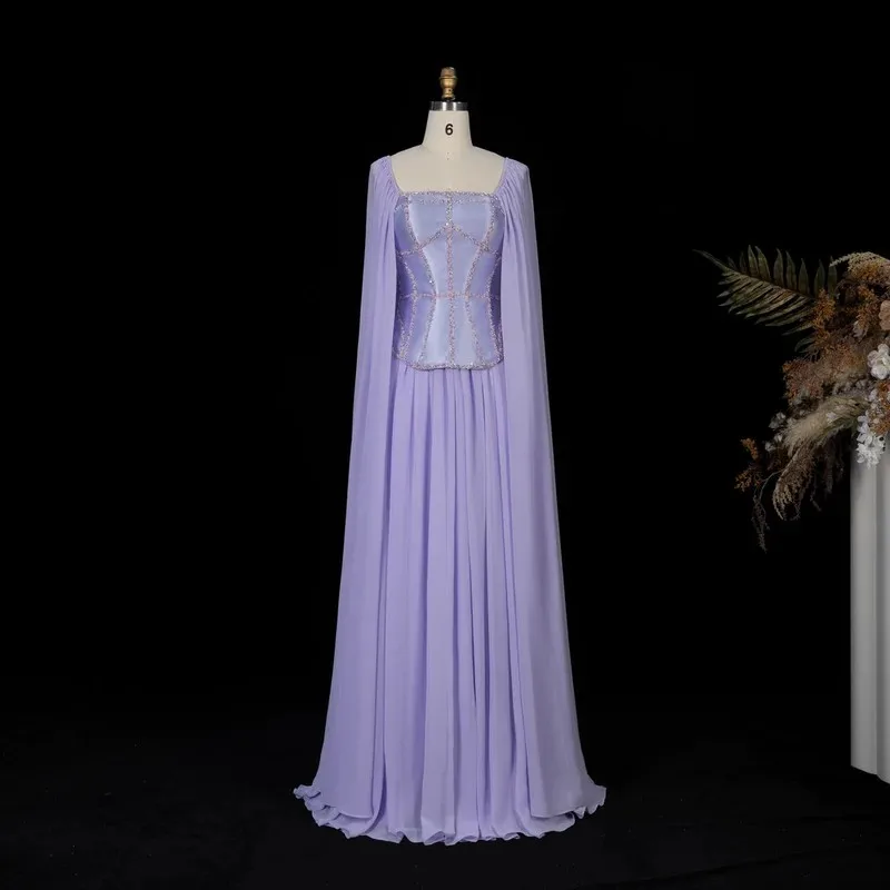 Luxury Lavender Evening Dresses 2026 Trend Square Neck Beaded Corset Bodice Chiffon Cape Sleeves A Line Elegant Paty Dresses