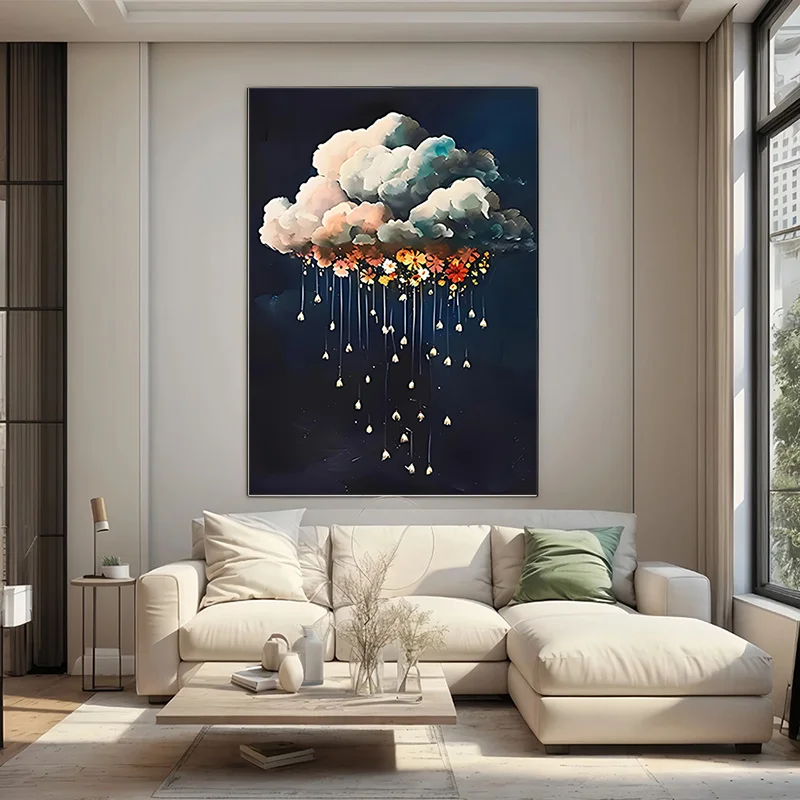 2D Flat, 2D Flat Style, Frameless Canvas Painting Dreamy Flower Rain Cloud Decorative Painting, A Gentle Poetic Bloom Under T
