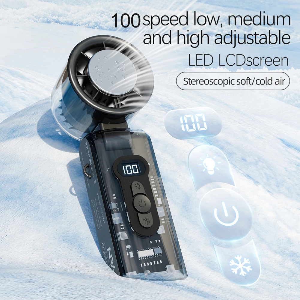 Kipas Turbo Kecepatan Tinggi dengan Lampu LED 100 Kecepatan Kipas Pendingin Pribadi Lipat 3600mAh Kipas Turbo Mini Elektrik untuk Perjalanan Luar Ruangan