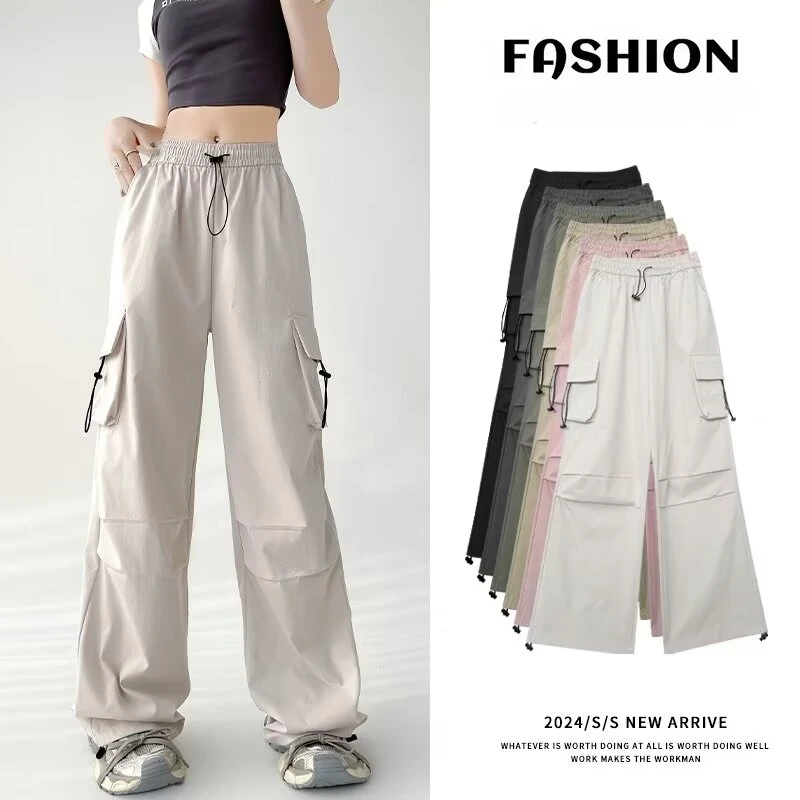 

Women Big Pockets Cargo Pants High Elastic Waist Drawstring Baggy Trousers Vintage Casual Loose Straight Pants Streetwear Women