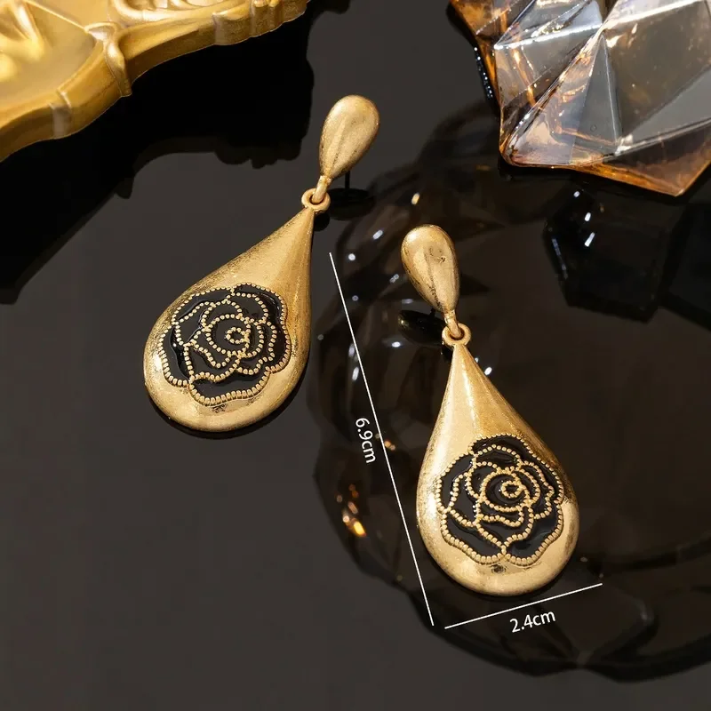 Medieval Vintag Enamel Rose Earrings French Retro Temperament Versatile Earrings Water Drop Shape Enamel Glaze Earrings Women
