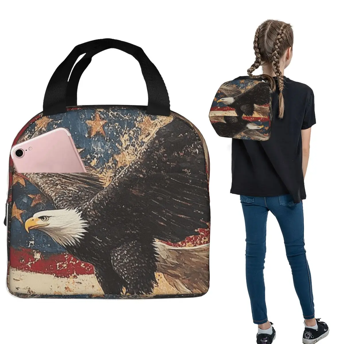 Vintage American Flag Eagle Insulated Lunch Bag for Women Kids Leakproof Food Boxes Thermal Lunch Box Tote