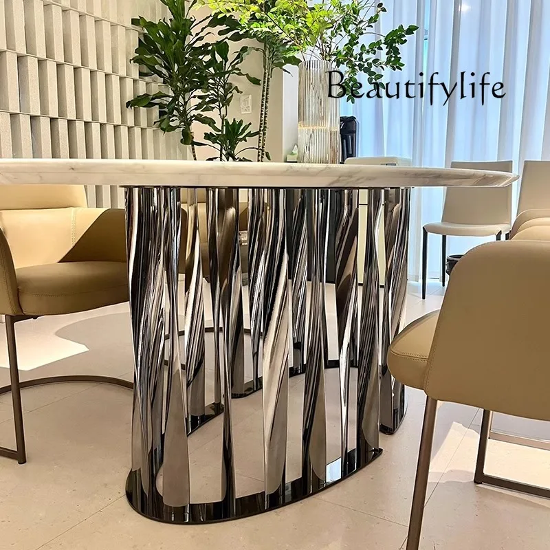 Natural large flower white luxury stone dining table Modern simple Italian minimalist oval high-end dining table