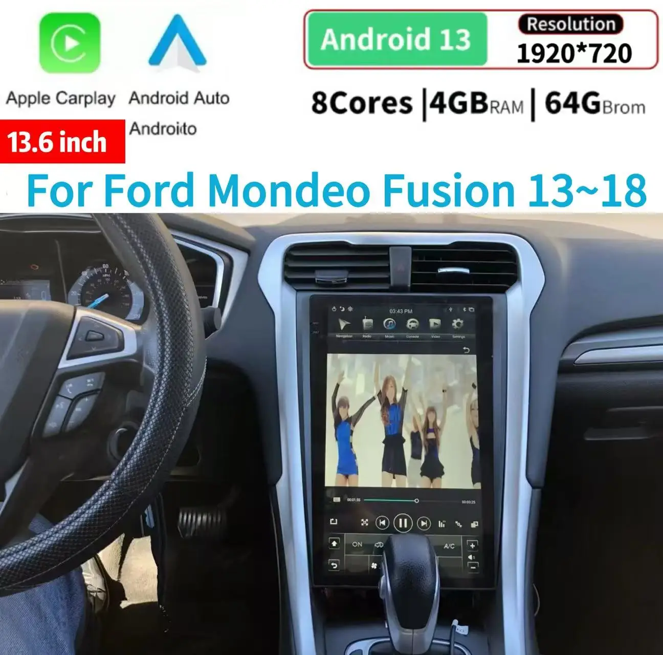 

13,6-дюймовый автомобильный GPS-навигатор Android в стиле Tesla для Ford Mondeo Fusion 13 ~ 18 радио