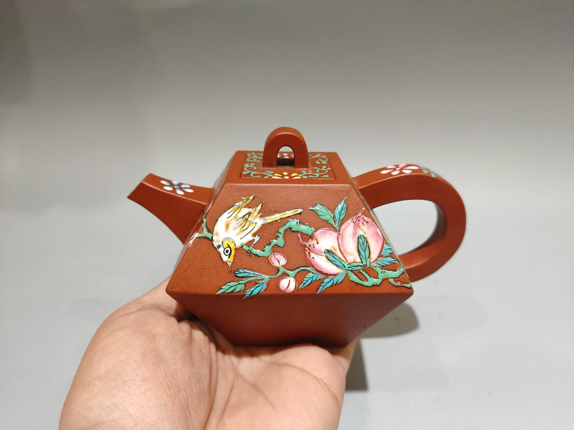 Purple Clay Teapot Red mud Mud painting Bird Peach Pattern Hexagonal three-dimensional pot Kettle Teapot Flagon Ornaments