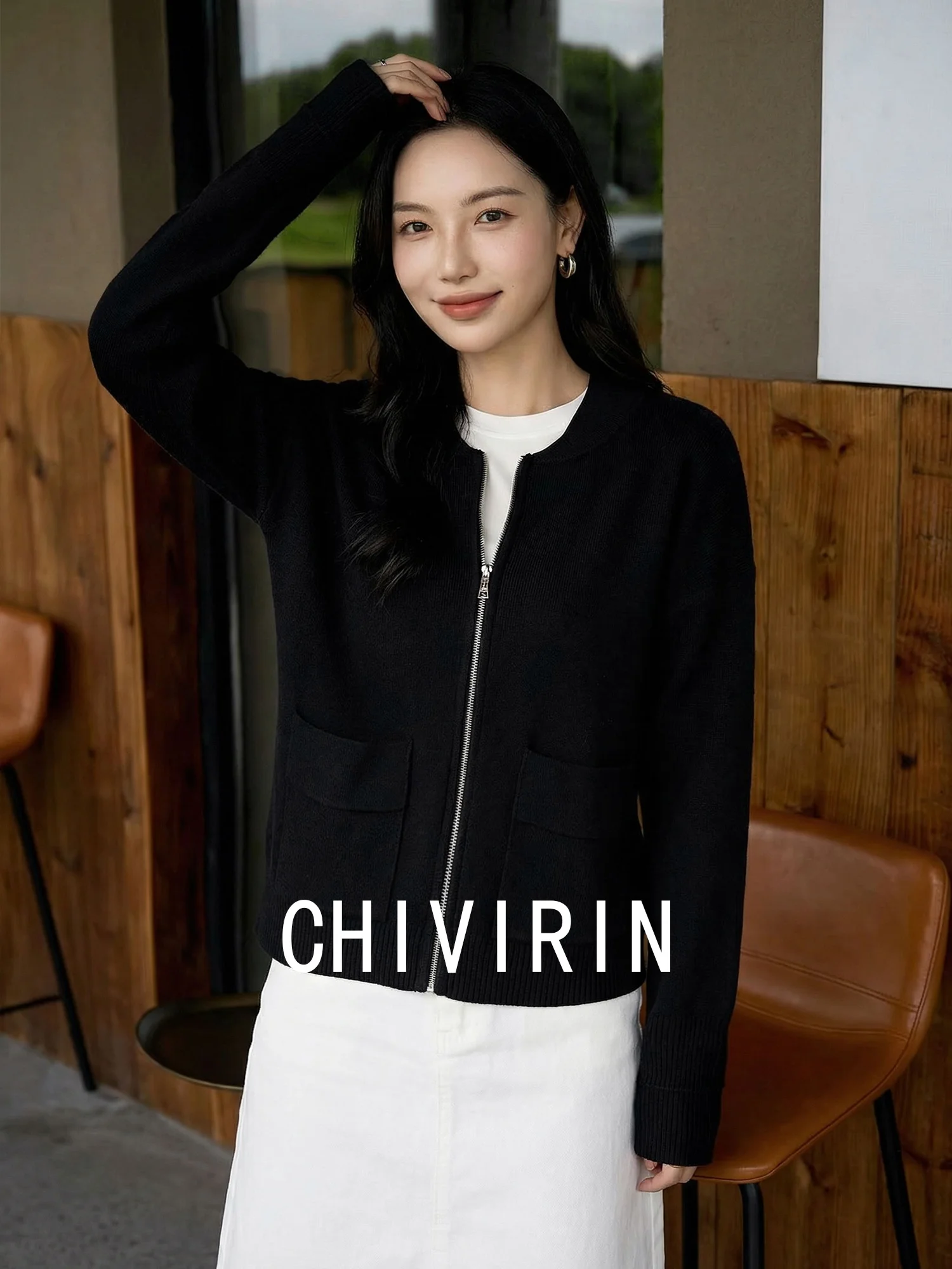 

Chivirin mat Sle ort Zipper Knitted Open Cardigan Women's Spring Autumn Loose Slimming Versatile Commuting Top