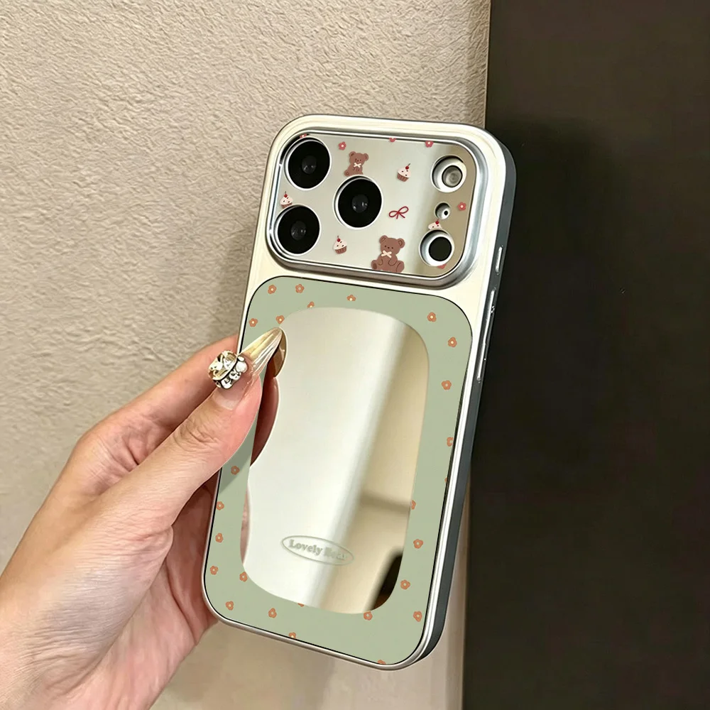 Niedliche Bären-Handyhülle für iPhone 18 Pro Max, iPhone 17 16 15 14 12 11 13 Pro Max, mit Schminkspiegel, stoßfeste Silikonhülle