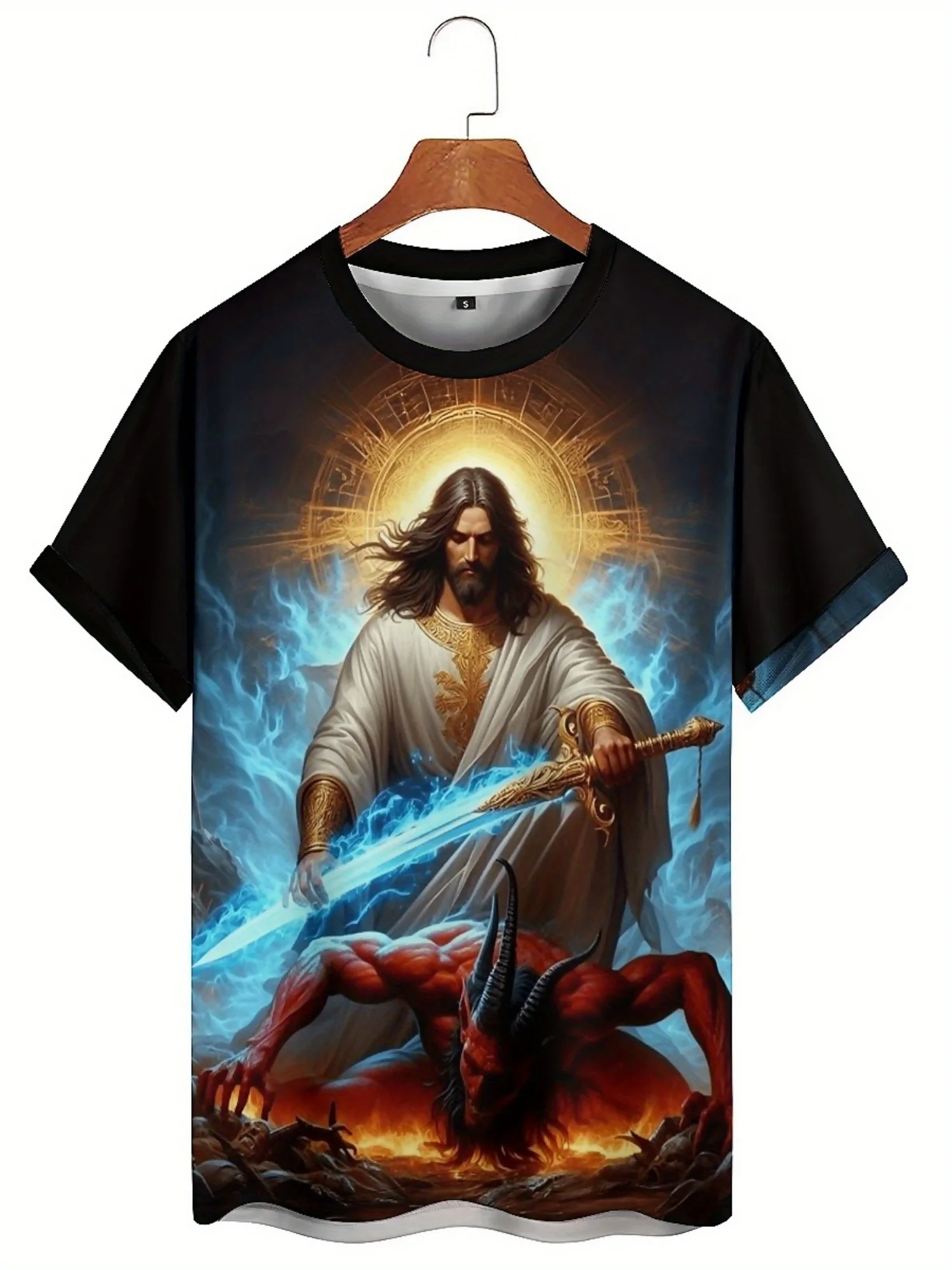 Jesus vs. Devil 3D Graphic T-Shirt - Bold Religious Battle Print, 100% Polyester, Loose Fit Short Sleeve Tee for Men & Teens
