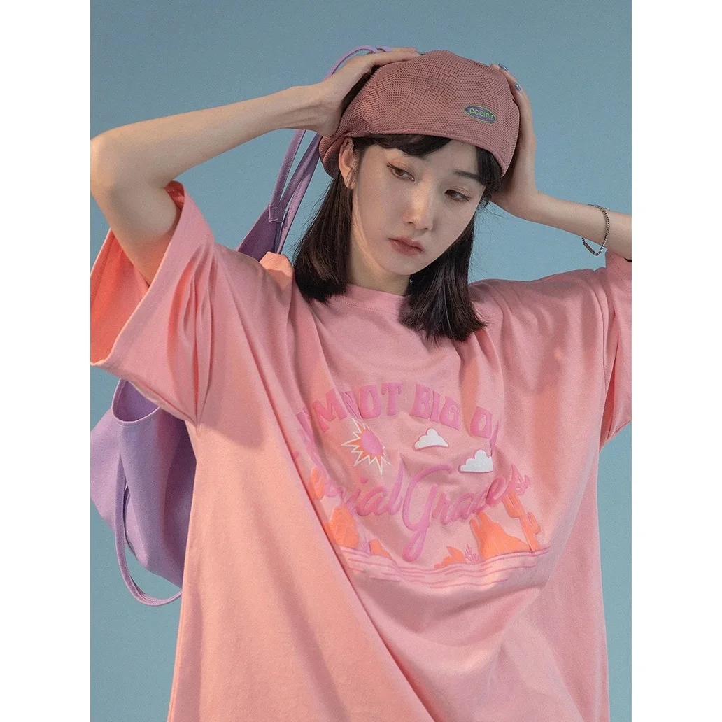 تيشيرت نسائي صيفي 2022 مطبوع عليه حروف وردية 100% قطن بأكمام قصيرة هاراجوكو تي شيرت كبير الحجم للسيدات لطيف وجميل