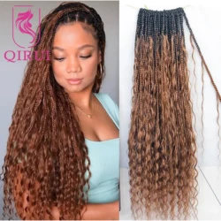 Ombre Brown #1B/30 Boho Crochet Box Braids with Human Hair Curls Deep Wave Pre Looped Box Braids Full Ends Hair Extensions