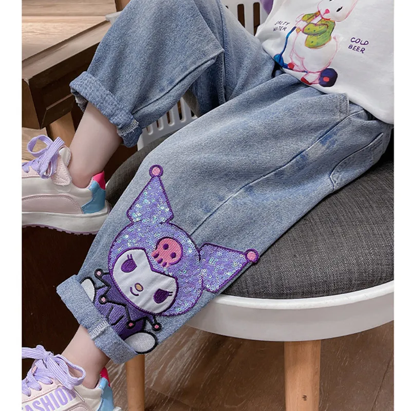 New Sanrio Jeans Korean Cartoon Kawaii Kuromi Children\'s Casual Pants Cute Girl Embroidered Pants Casual Pants Loose Pants