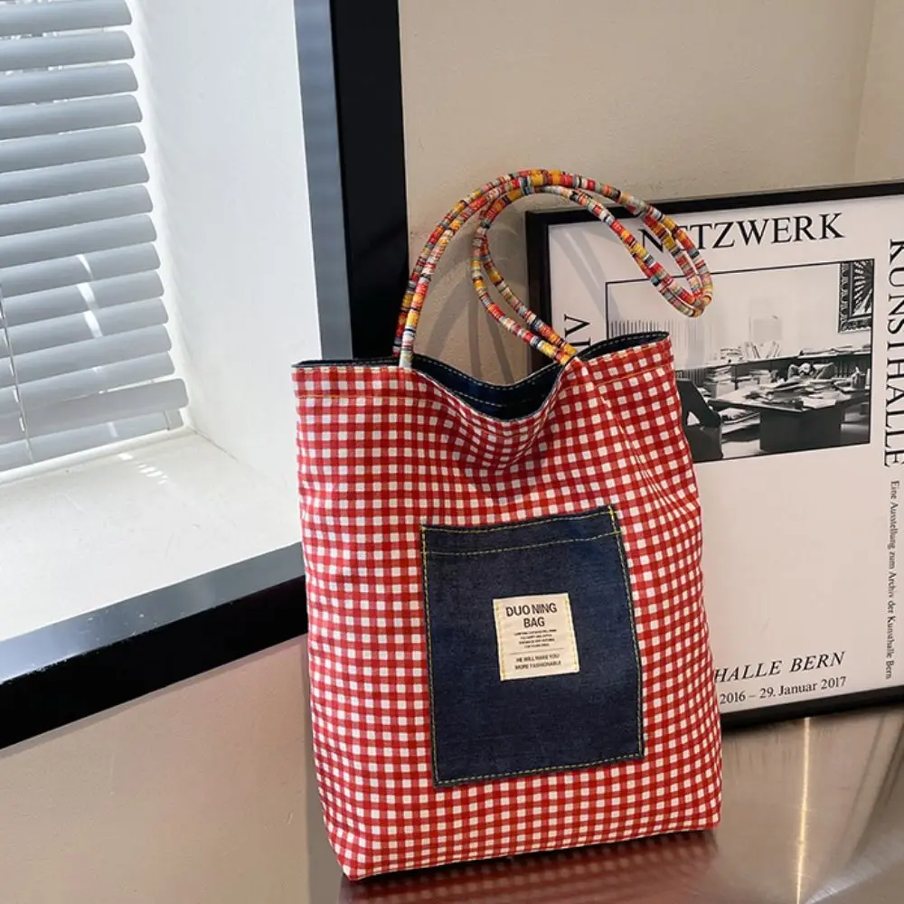 

Cloth Double Sided Plaid Canvas Bag Korean Style Retro Denim Shoulder Bag Large Capacity Geometric Bohemian Messenger Bag