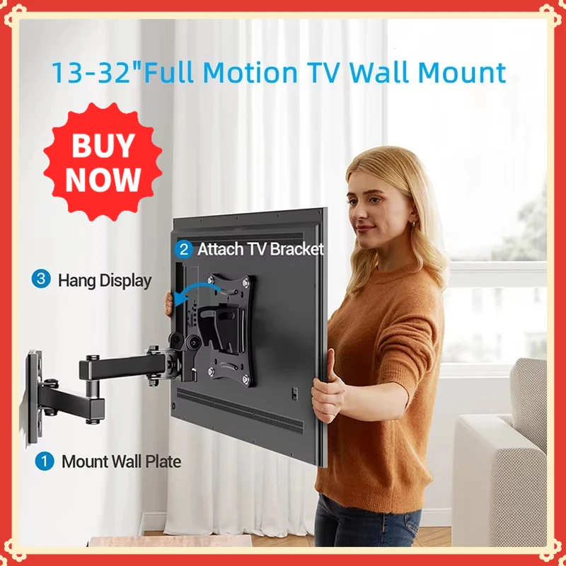 Full Motion TV Monitor Wall Mount Bracket Articulating Arms Swivel Tilt Extension Rotation for Most 10-32 Inch Flat Curved TVs
