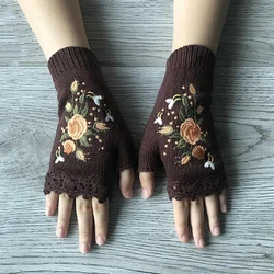 Gants sans doigts brodés à la main pour femmes, épais, fleur, noir, chaud, extensible, demi-doigt, hiver