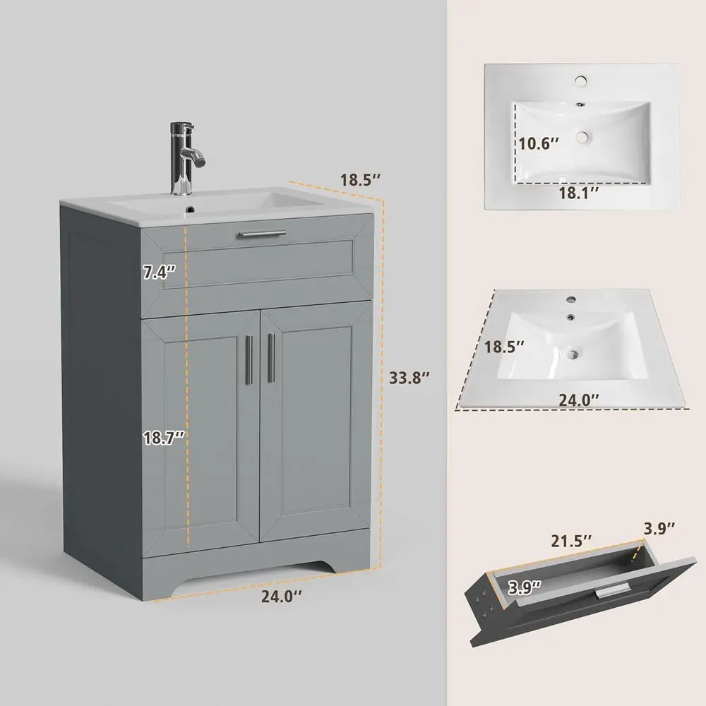 طقم مكون من 24 قطعة من الخشب الرمادي مع حوض سيراميك وتخزين مخفي