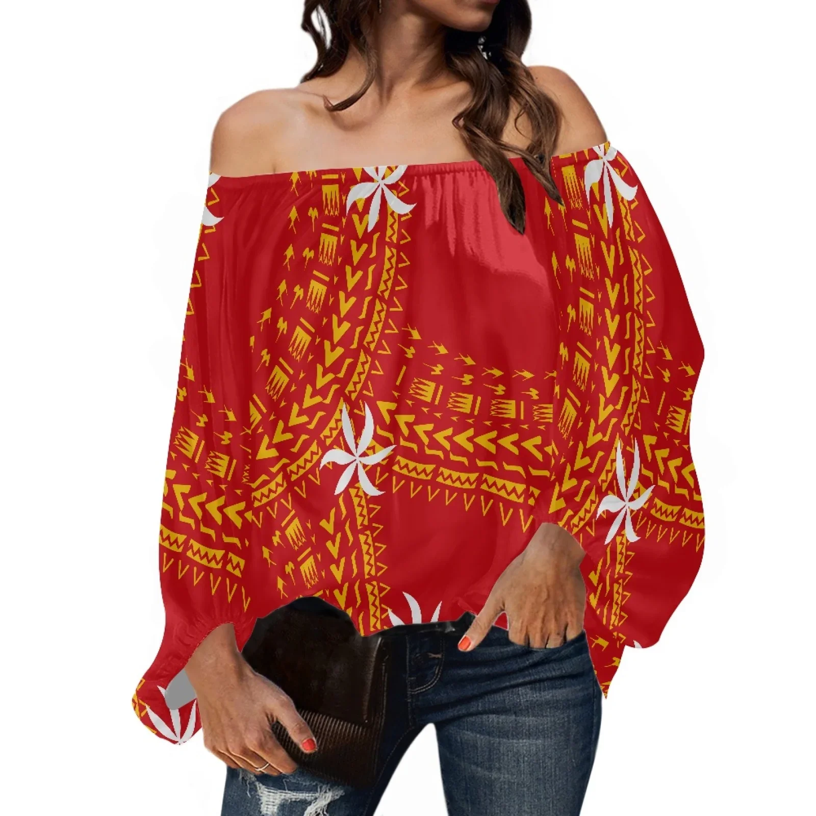 Polynesian Tribal Samoan Totem Tattoo Print Off Shoulder Women Shirt, One Shoulder Long Sheelves, Chiffon Tops, Autumn Wear