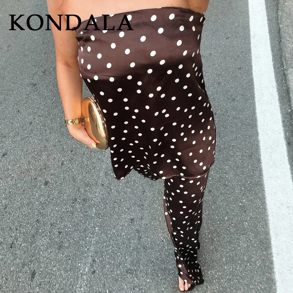 KONDALA 2025, Herbst und Winter, Boho-Punkt-Satin, Damenanzüge, modisch, trägerlos, ärmellos, Tops, schick, hohe Taille, Reißverschluss, Damenhose
