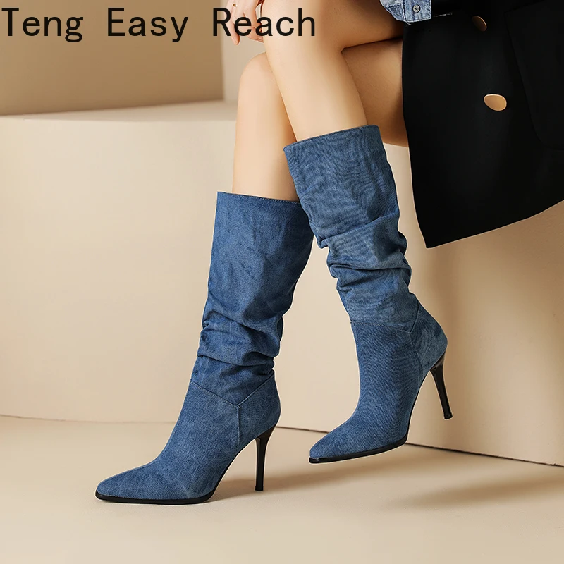 

Blue Denim Knee High Cowboy Boots for Women 2023 Autumn Pleated High Heels Long Boots Woman Stiletto Heeled Jeans Botas Shoes