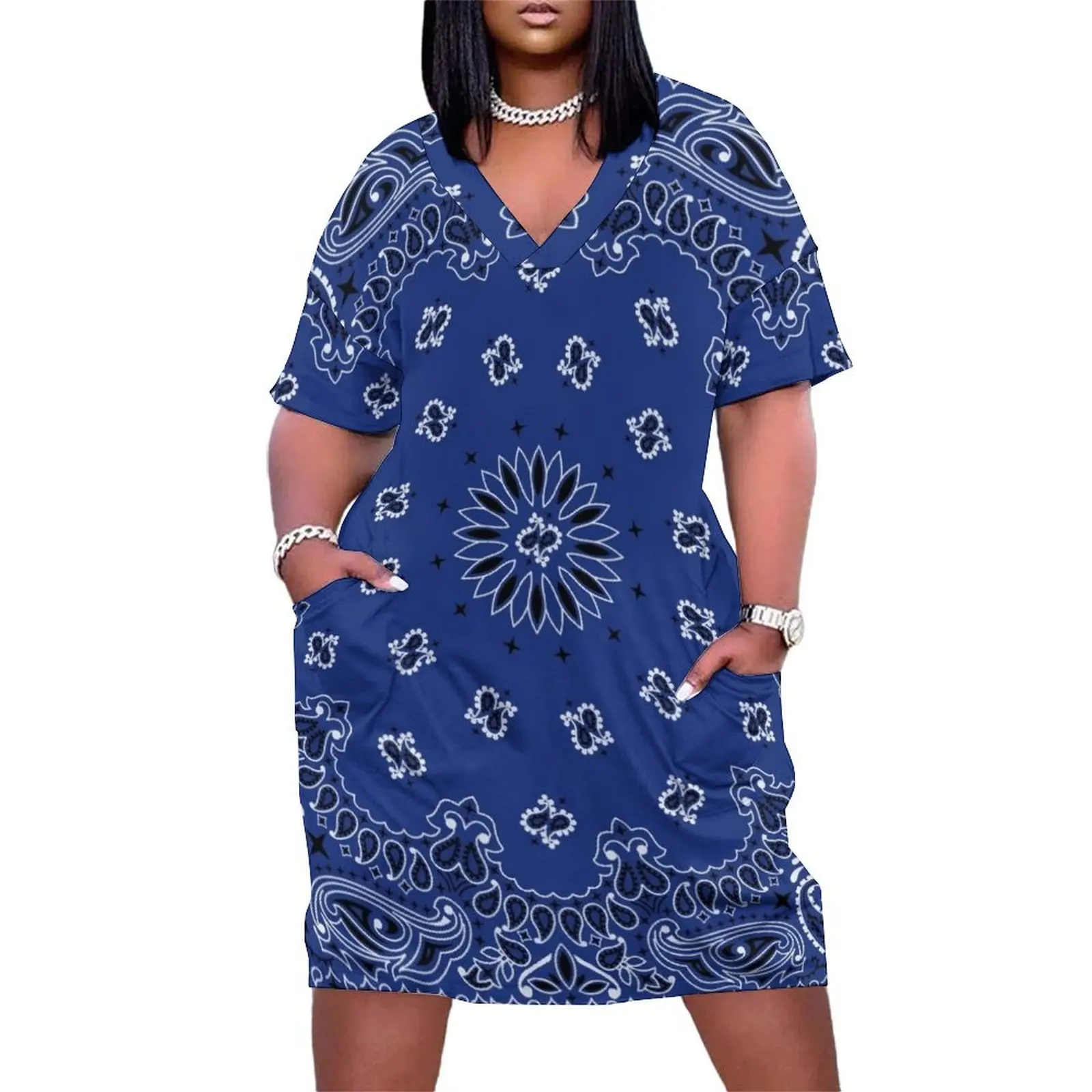 

Blue Bandana Pattern Loose Pocket Dress Dress for pregnant women dress for women summer prom clothes Women"s summer