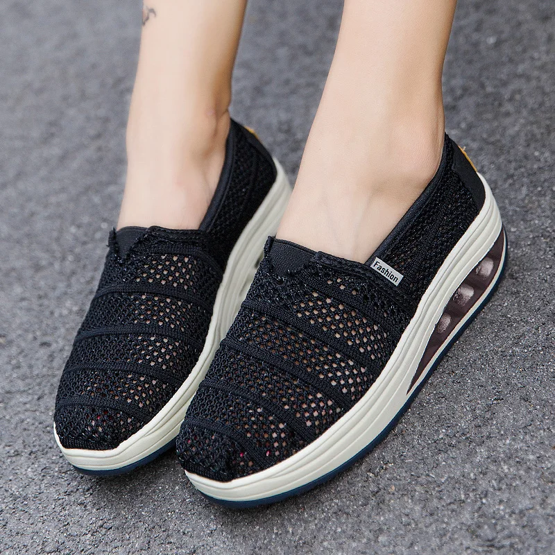 STRONGSHEN Summer Women Fashion Vulcanized Wedges Shoes Platform Ladies Shoes Casual Breathable Hollow Out Mesh Walking Shoes