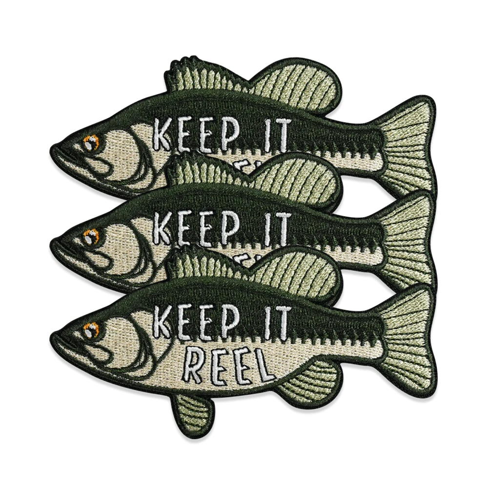 Keep It Reel Large Mouth Bass Freshwater Fish Embroidered Patch Iron On Lake Life Fishing Nature Lover DIY Applique Clothing