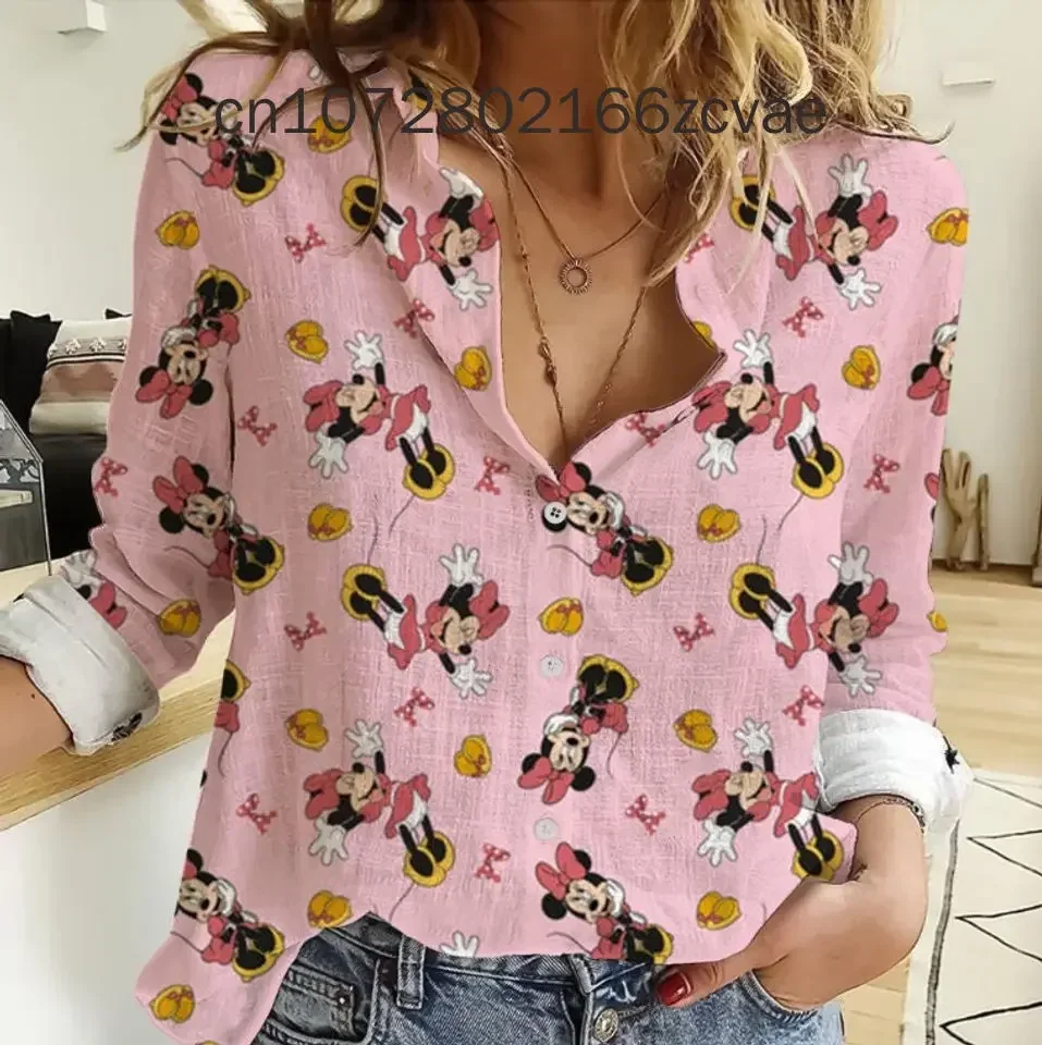 2024 New Disney Harajuku Slim Fit 3D Print Women's Button Up Long Sleeve Lapel Mickey Minnie Y2K Casual Cute Shirt