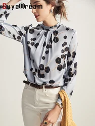 SuyaDream Woman Silk Blouses 93%Silk 7%Spandex Stand Neck Long Sleeves Printed Floral Blouse Shirts 2022 Spring Top