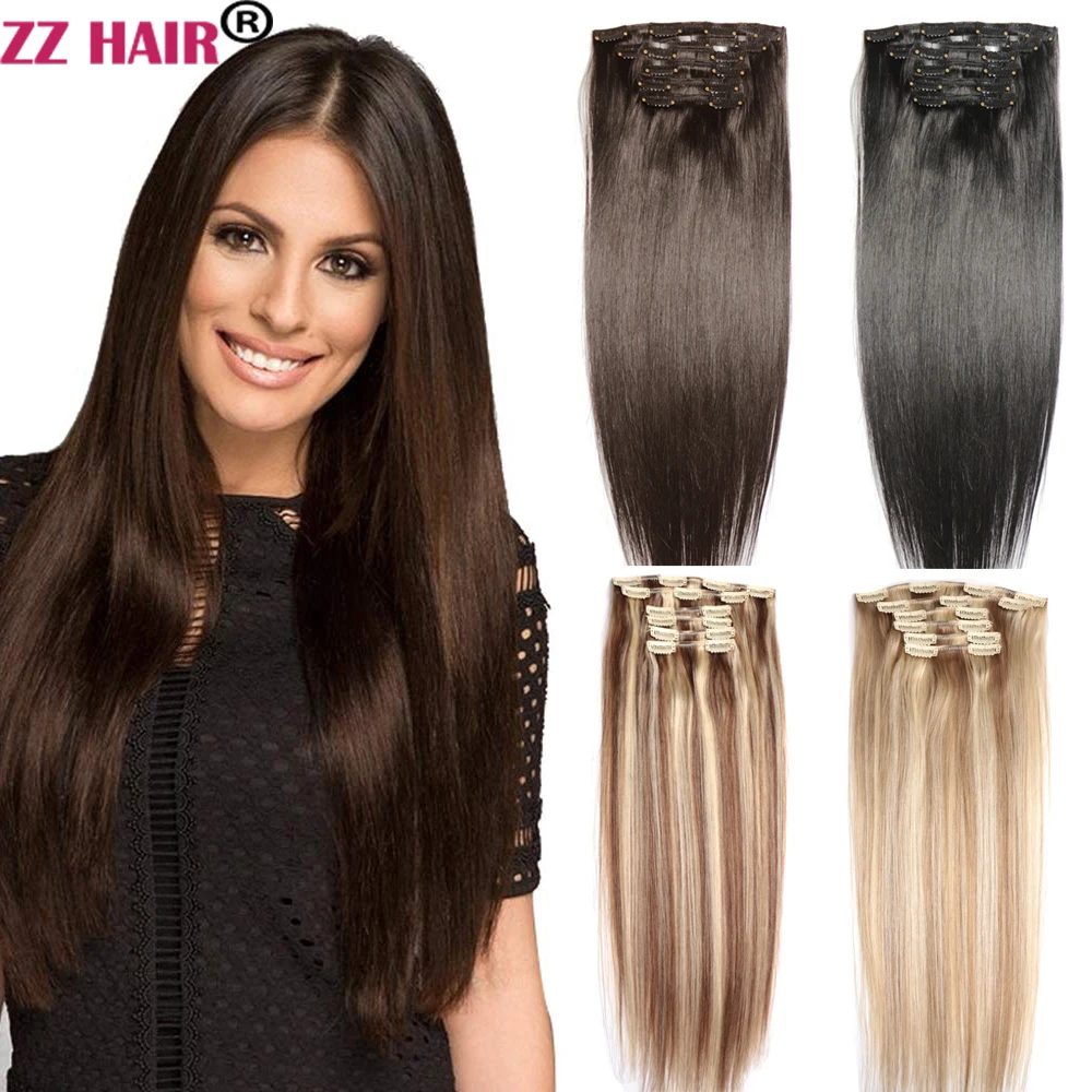 ZZHAIR مقاطع في 100% وصلات شعر بشري 16 "-24" آلة صنع شعر ريمي 6 قطعة مجموعة 100 جرام-120 جرام كامل الرأس مستقيم طبيعي #1