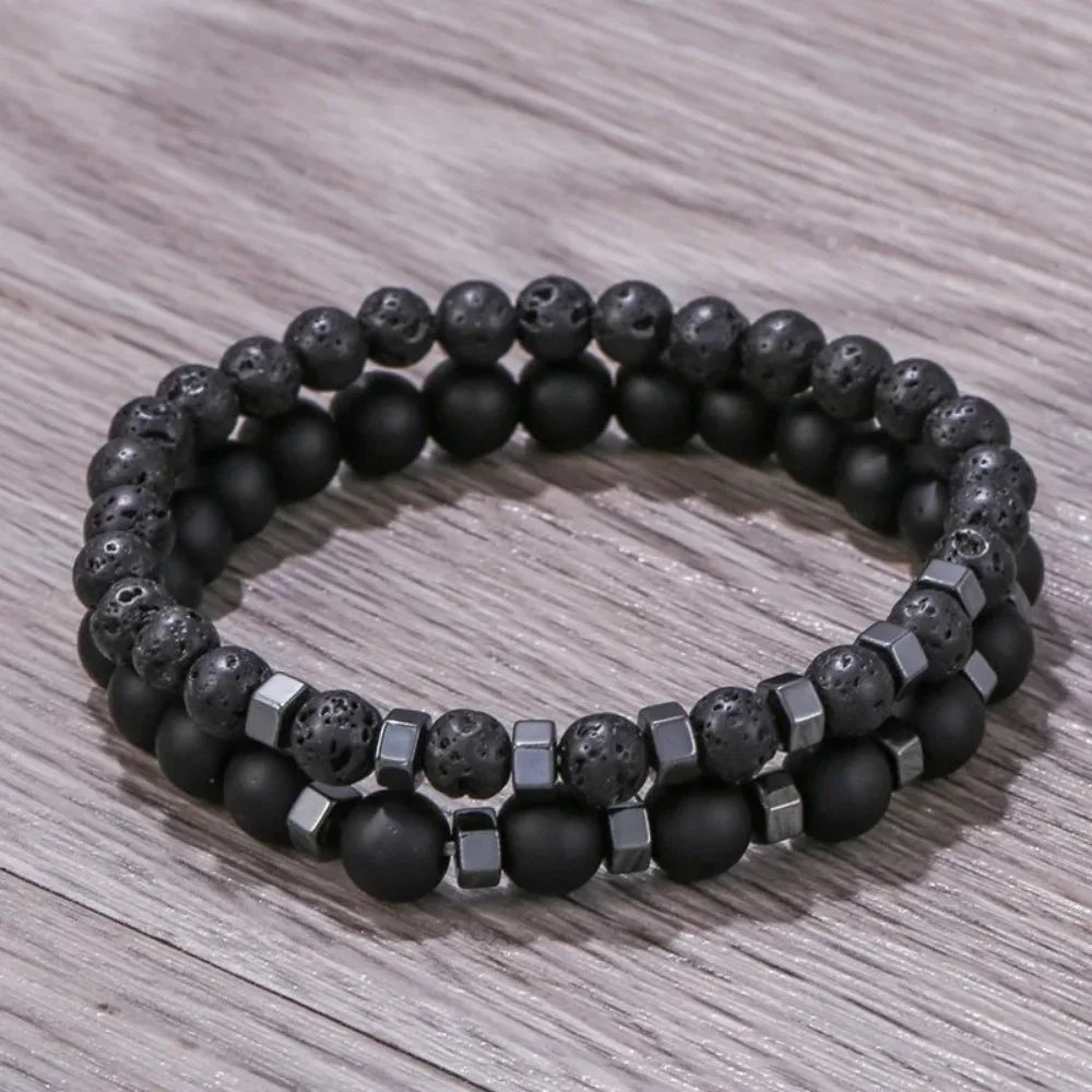 New In Frosted Black Bead Volcanic Stone Men’s Bracelet Set Double Layer Nature Stone Beaded Bracelets Gifts image 4